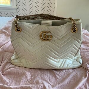Gucci Marmont Chevron Leather Bag Ivory, Antique Gold Hardware, Chain Strap
